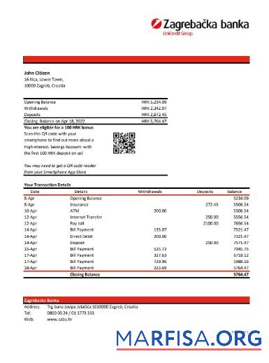 Printable Croatia Zagrebačka bank statement excel sample
